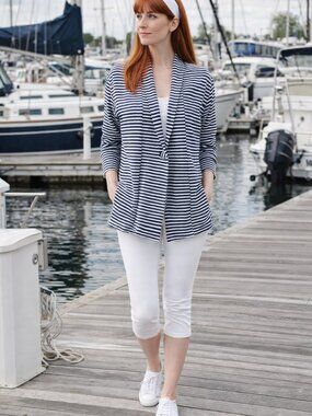 Fiora Blue FB Women's Waffle Knit Cardigan Jacket Size 10 Navy White Stripe NWOT